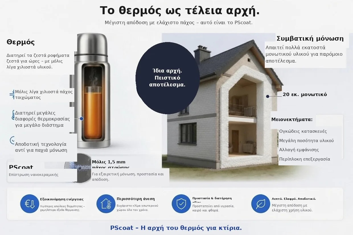Γραφικό σύγκρισης: ένα θερμός διατηρεί τη θερμοκρασία με πάχος τοιχώματος μόλις λίγων χιλιοστών, ενώ η συμβατική μόνωση χρειάζεται γι' αυτό δεκαπέντε έως είκοσι εκατοστά πολυστερίνης